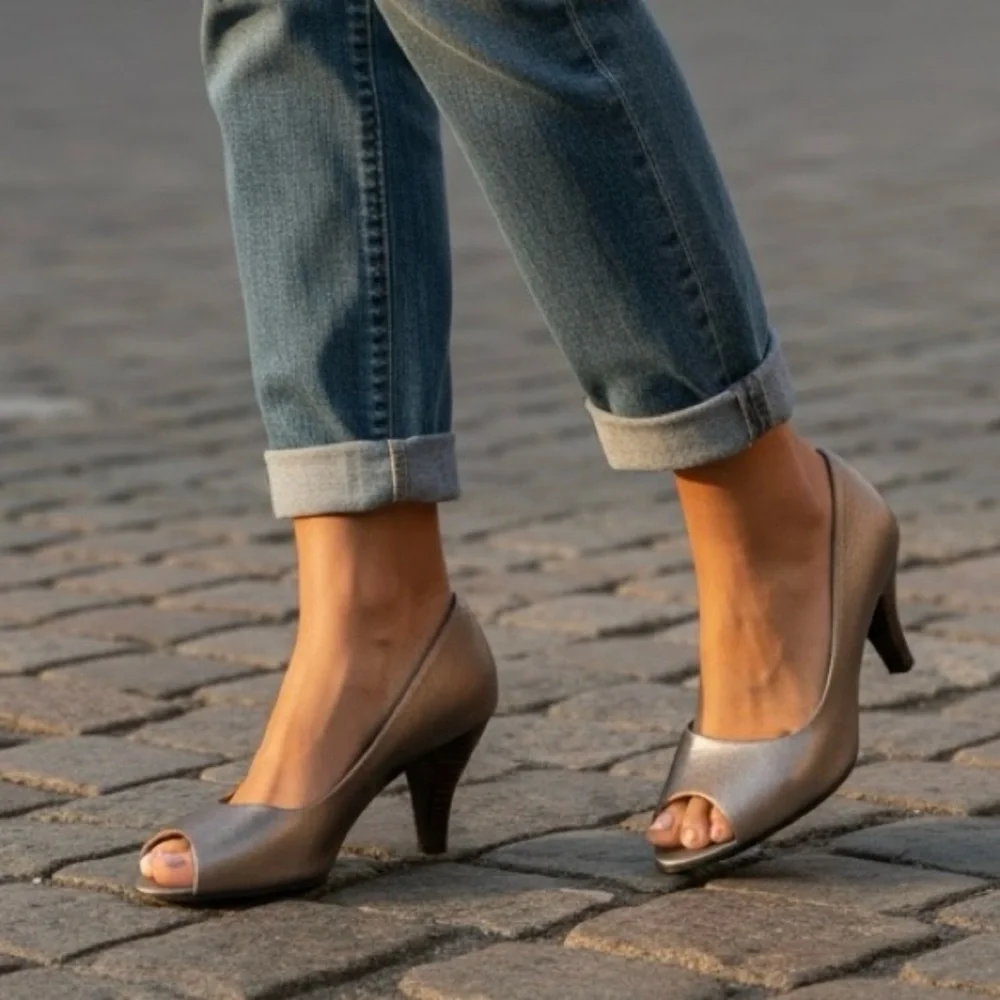 Clarks Metallic Gold Open-Toe Leather Pumps Size 6.5 - Picture 1 of 11